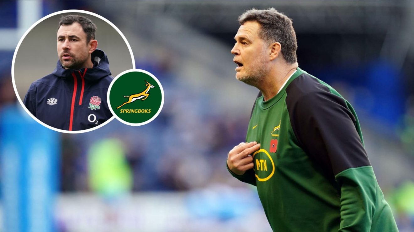 Springboks head coach Rassie Erasmus and former England defence guru Felix Jones (inset), who has returned to the South Africa set-up.