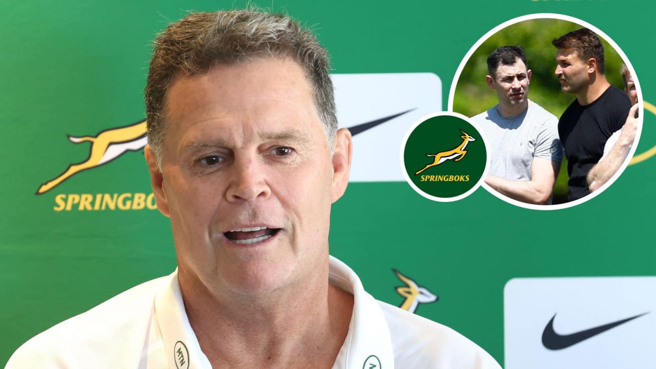 Springboks head coach Rassie Erasmus and an insert of assistant Felix Jones and centre Andre Esterhuizen.