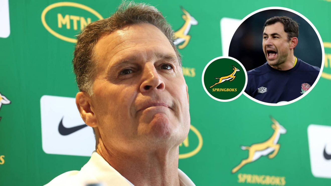 Springboks head coach Rassie Erasmus and an insert of assistant coach Felix Jones