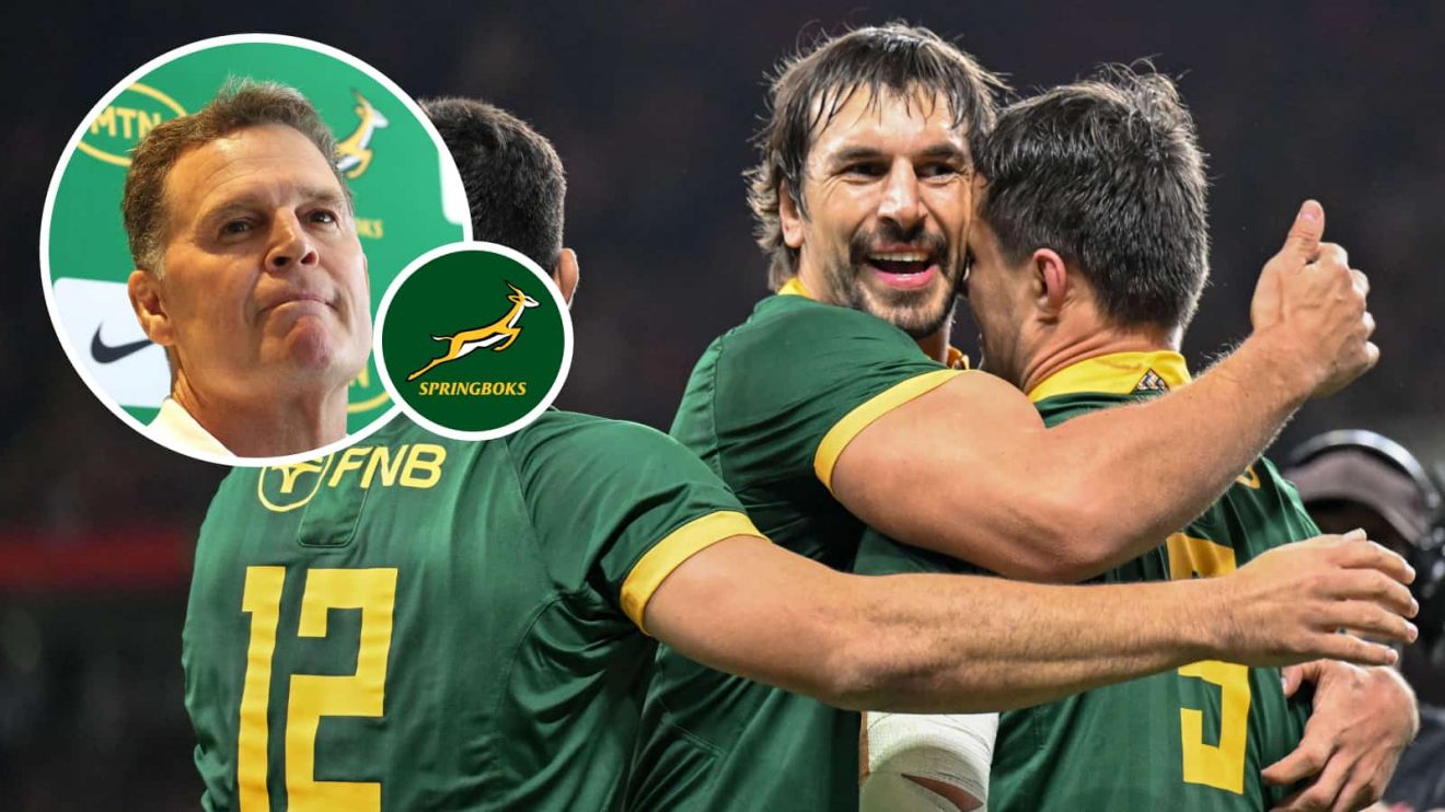 Springboks Eben Etzebeth, Damian de Allende and Franco Moster with an insert of head coach Rassie Erasmus.