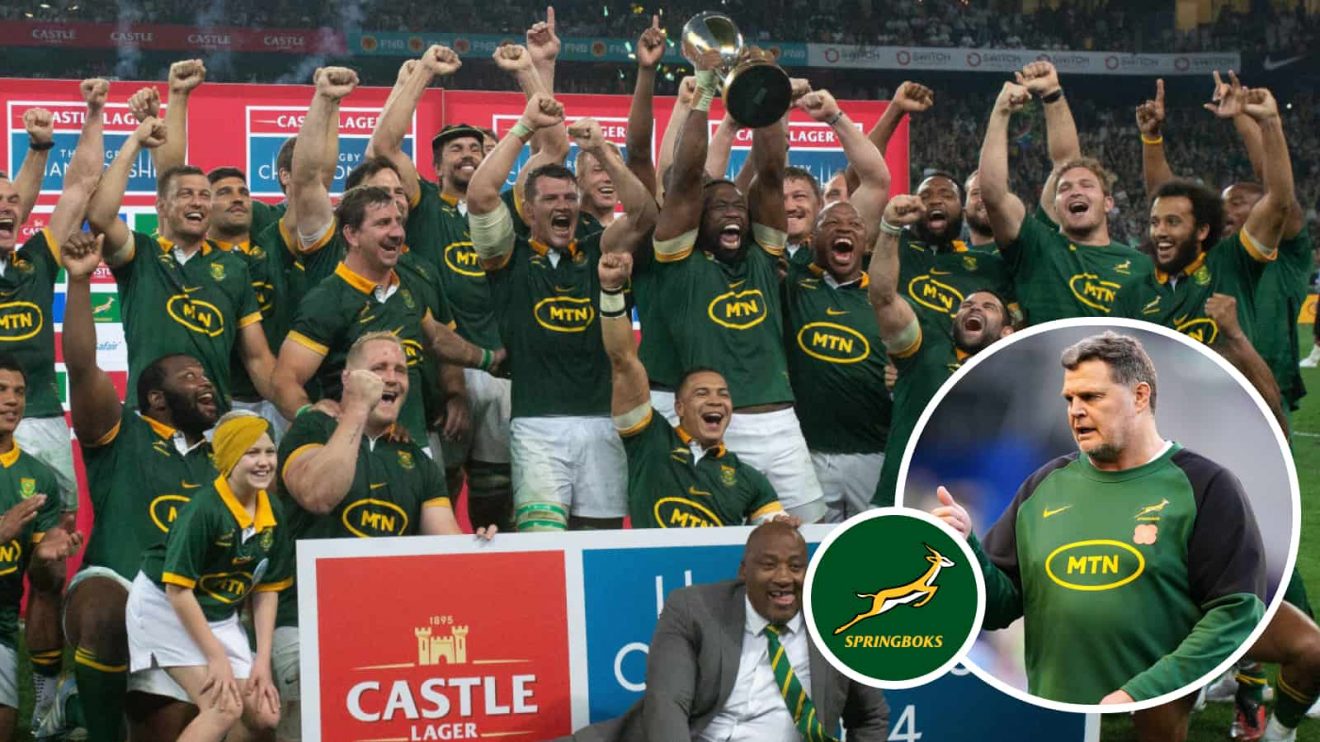 Springboks celebrate Rugby Championship title in 2024 and head coach Rassie Erasmus (inset).