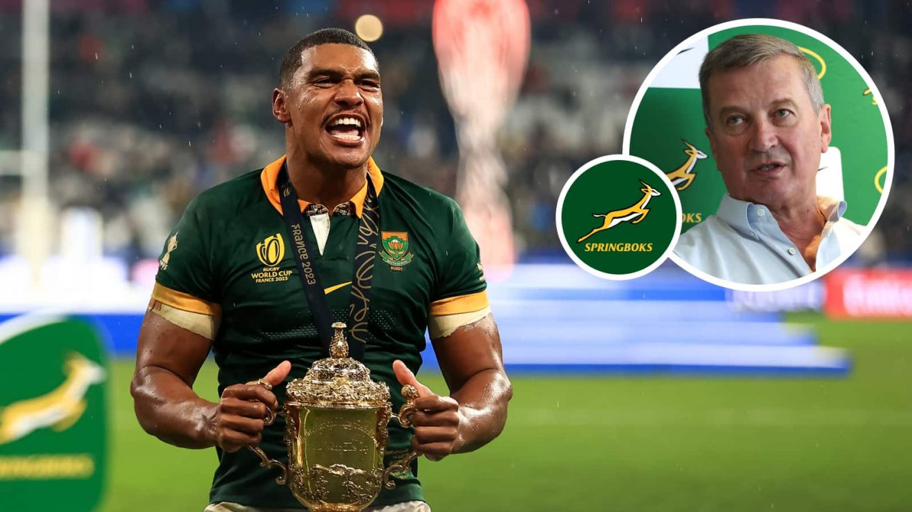 Damian Willemse with the Rugby World Cup trophy and an insert of SA Rugby CEO Rian Oberholzer.