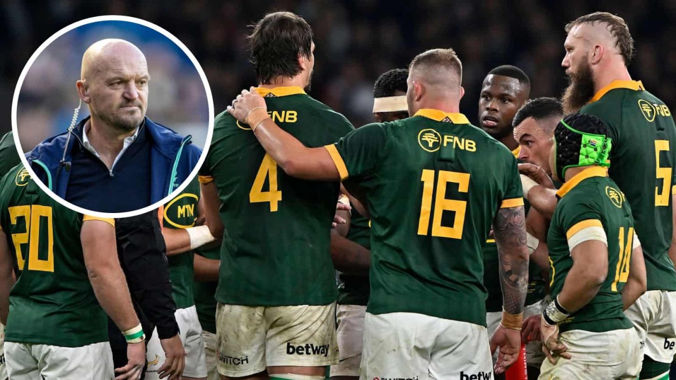 Springboks players huddle and an insert of Scotland head coach Gregor Townsend.
