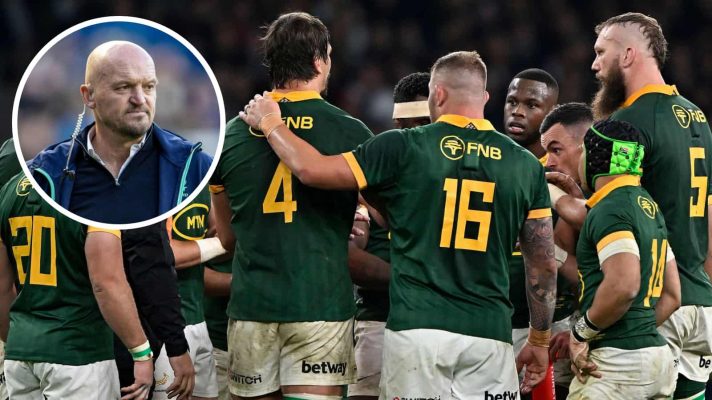 Springboks players huddle and an insert of Scotland head coach Gregor Townsend.