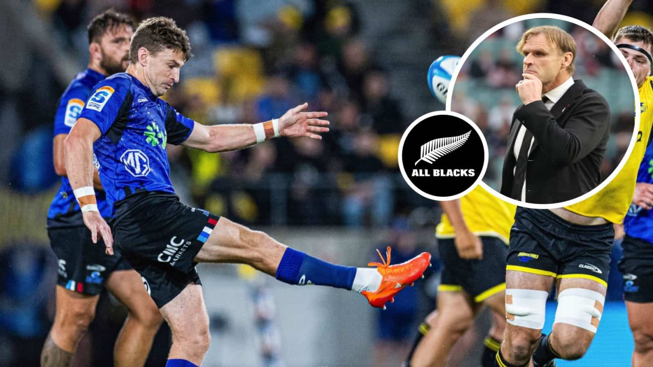 Beauden Barrett in action for the Blues (James Foy/Speed Media/Icon Sportswire) and All Blacks head coach Scott Robertson (inset).
