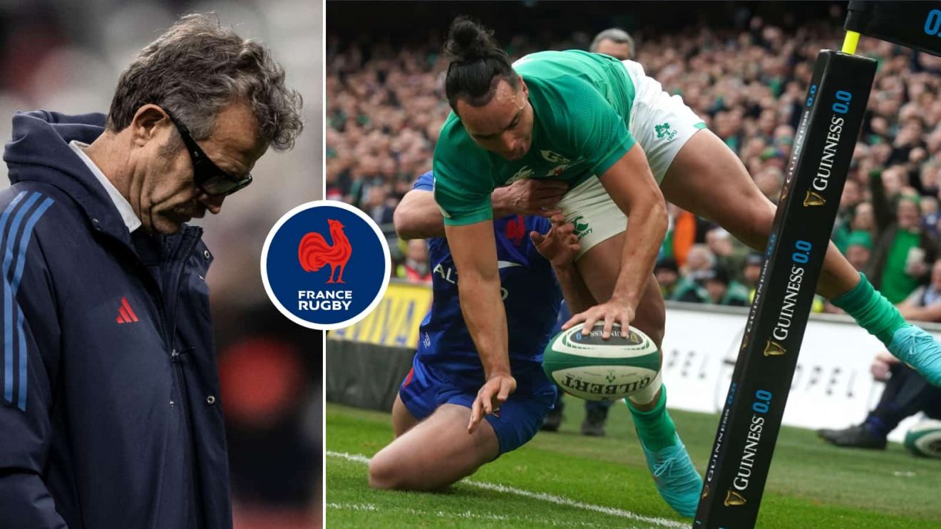 Split image of France boss Fabien Galthie and James Lowe try during the 2023 Six Nations match in Dublin.