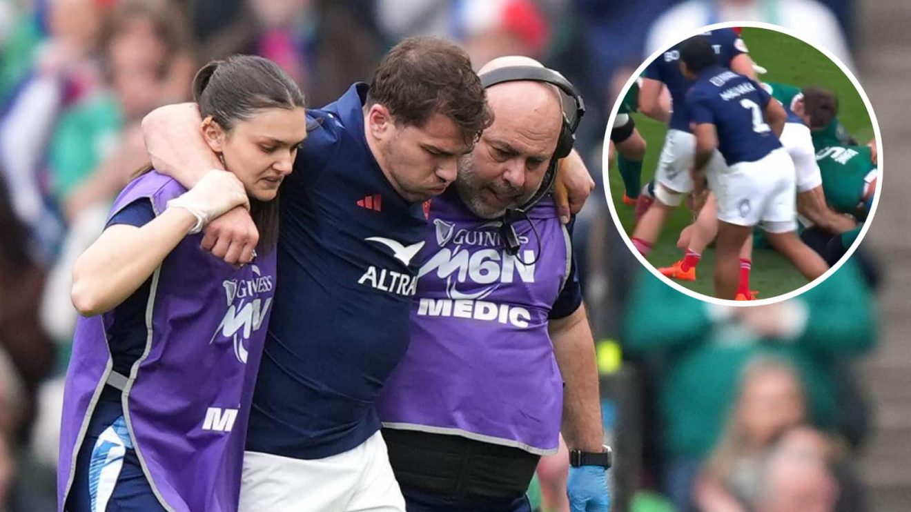 France's Antoine Dupont leaves the pitch after picking up an injury during the Guinness Men's Six Nations match the Aviva Stadium, Dublin.