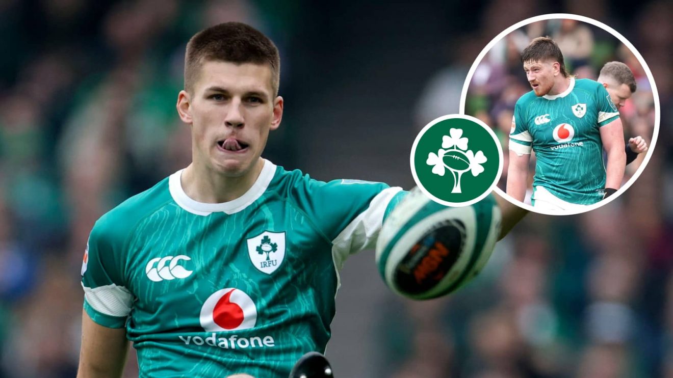 Ireland fly-half Sam Prendergast and an insert of lock Joe McCarthy during the Six Nations match against France.