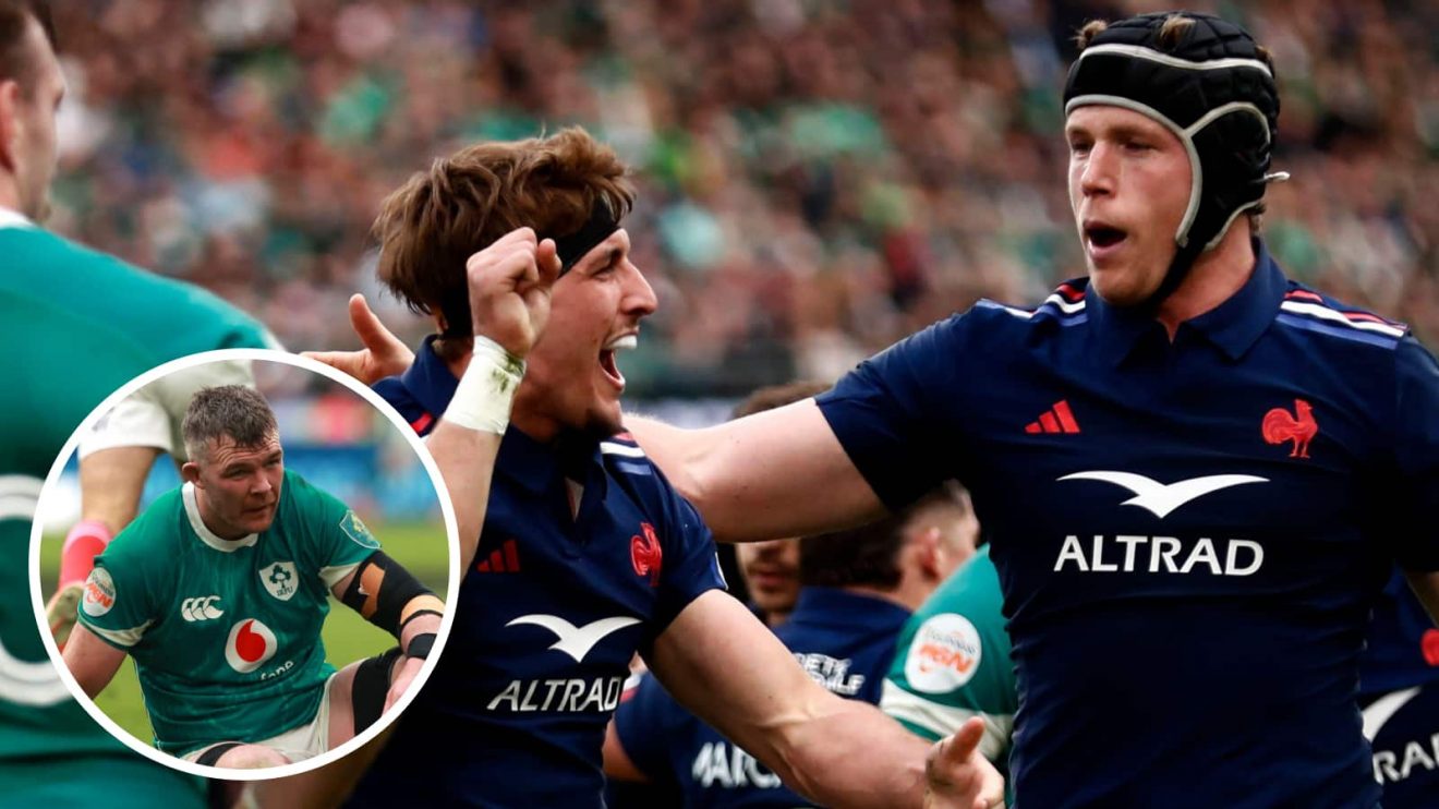 France's Oscar Jegou celebrates with his teammate Thibaud Flament and an insert of Peter O'Mahony.