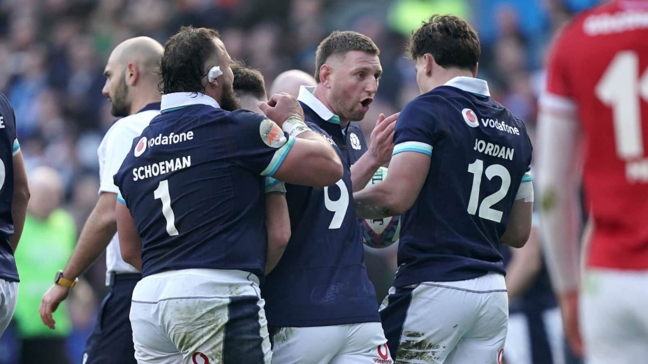 Scotland celebrate Tom Jordan try against Wales in the 2025 Six Nations.