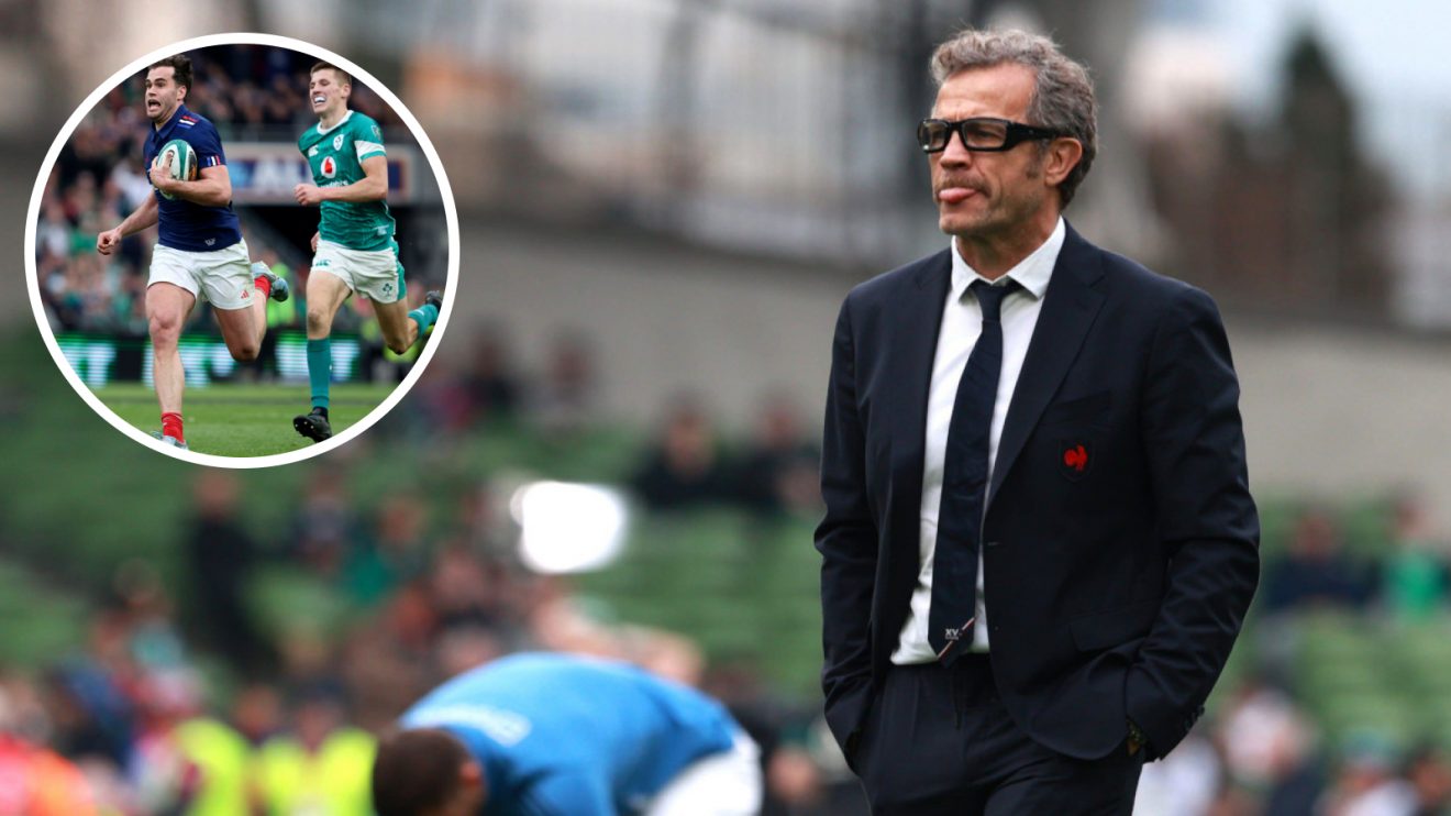 France head coach Fabien Galthie and Damian Penaud getting away from Sam Prendergast (inset) after Ireland fly-half intercepted.