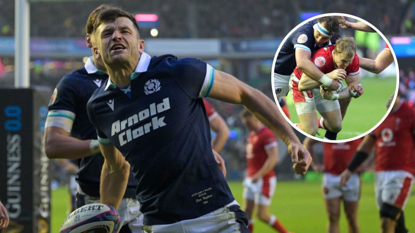 Blair Kinghorn celebrates try in 2025 Six Nations and Wales full-back Blair Murray (inset), whose 'jump' was denied a try against Scotland.