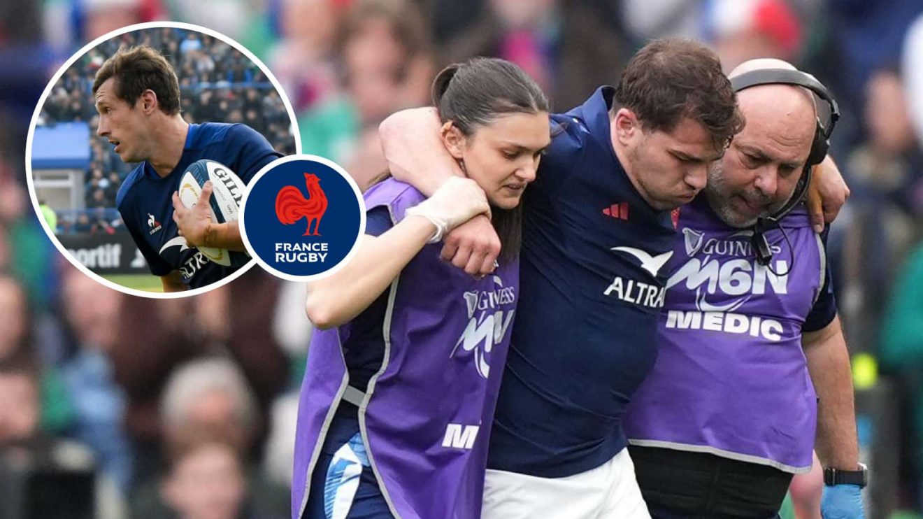 Injured France captain Antoine Dupont and an insert of Baptiste Serin