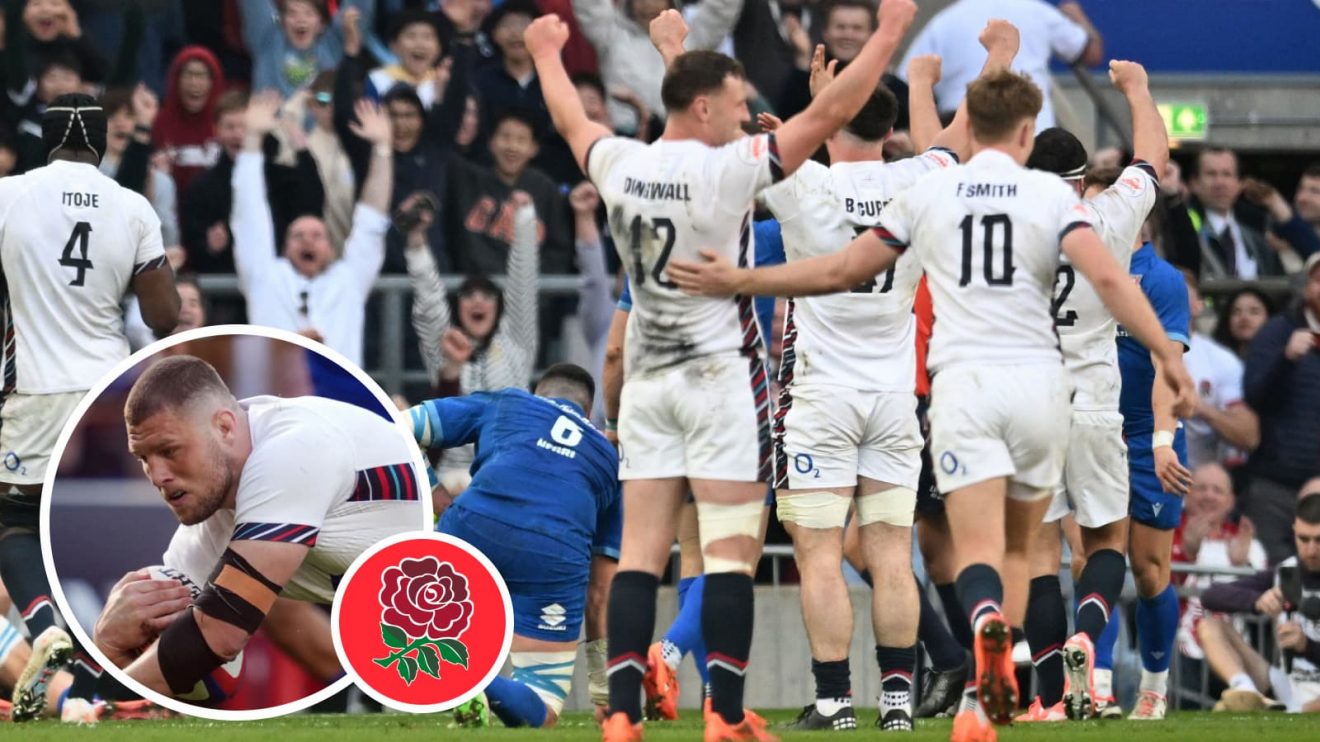 England celebrate try against Italy in Six Nations.