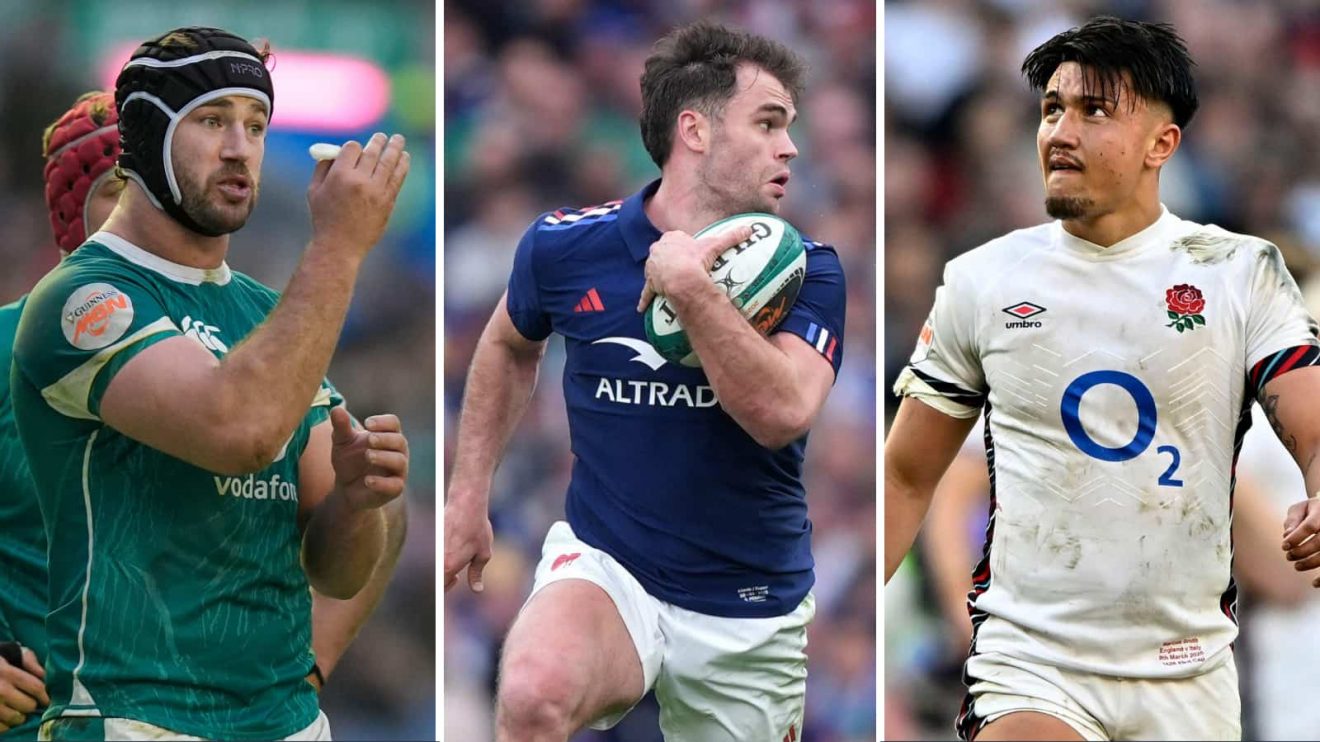 Ireland's Caelan Doris, France's Damian Penaud and England's Marcus Smith during the 2025 Six Nations.