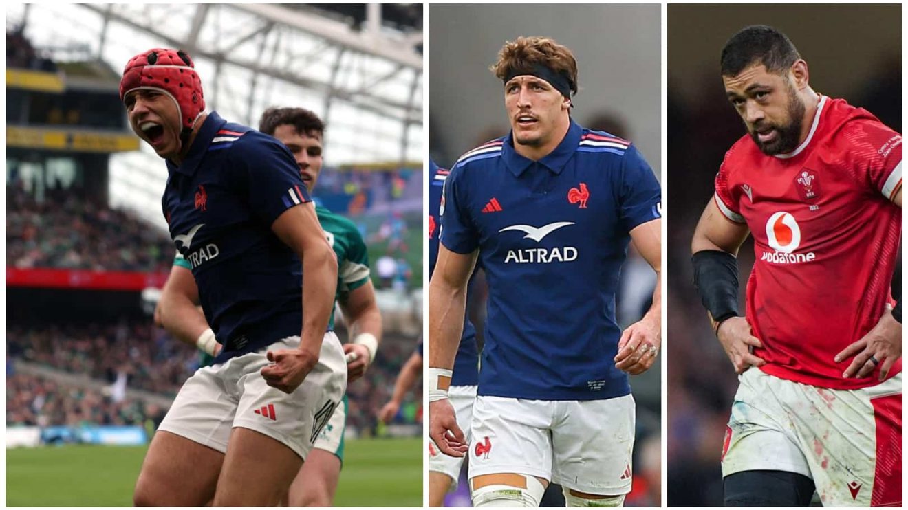 France's Louis Bielle-Biarrey, Oscar Jegou and Wales' Taulupe Faletau during the 2025 Six Nations.