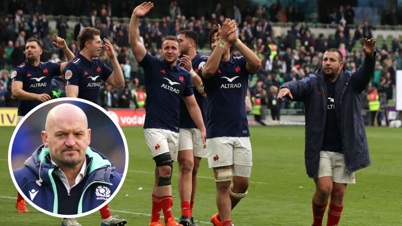 France players, including some members of 'Le Bomb Squad' celebrate after beating Ireland, and Scotland head coach Gregor Townsend (inset).