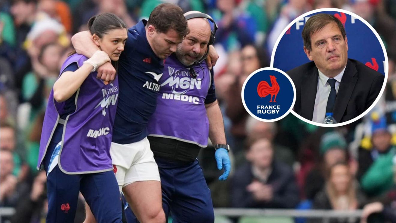 France star Antoine Dupont carried off the field against Ireland after an ACL rupture and FFR president Florian Grill (inset).