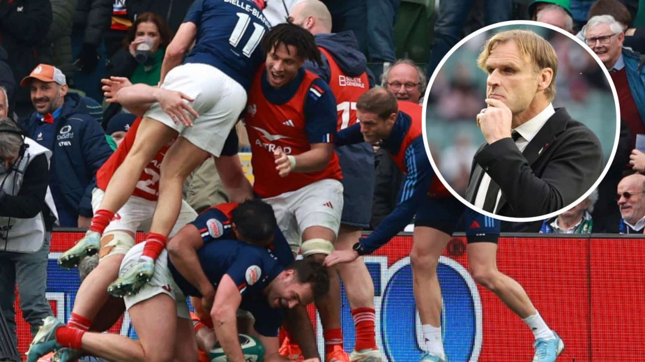 France celebrate Damian Penaud's try against Ireland and All Blacks head coach Scott Robertson (inset).
