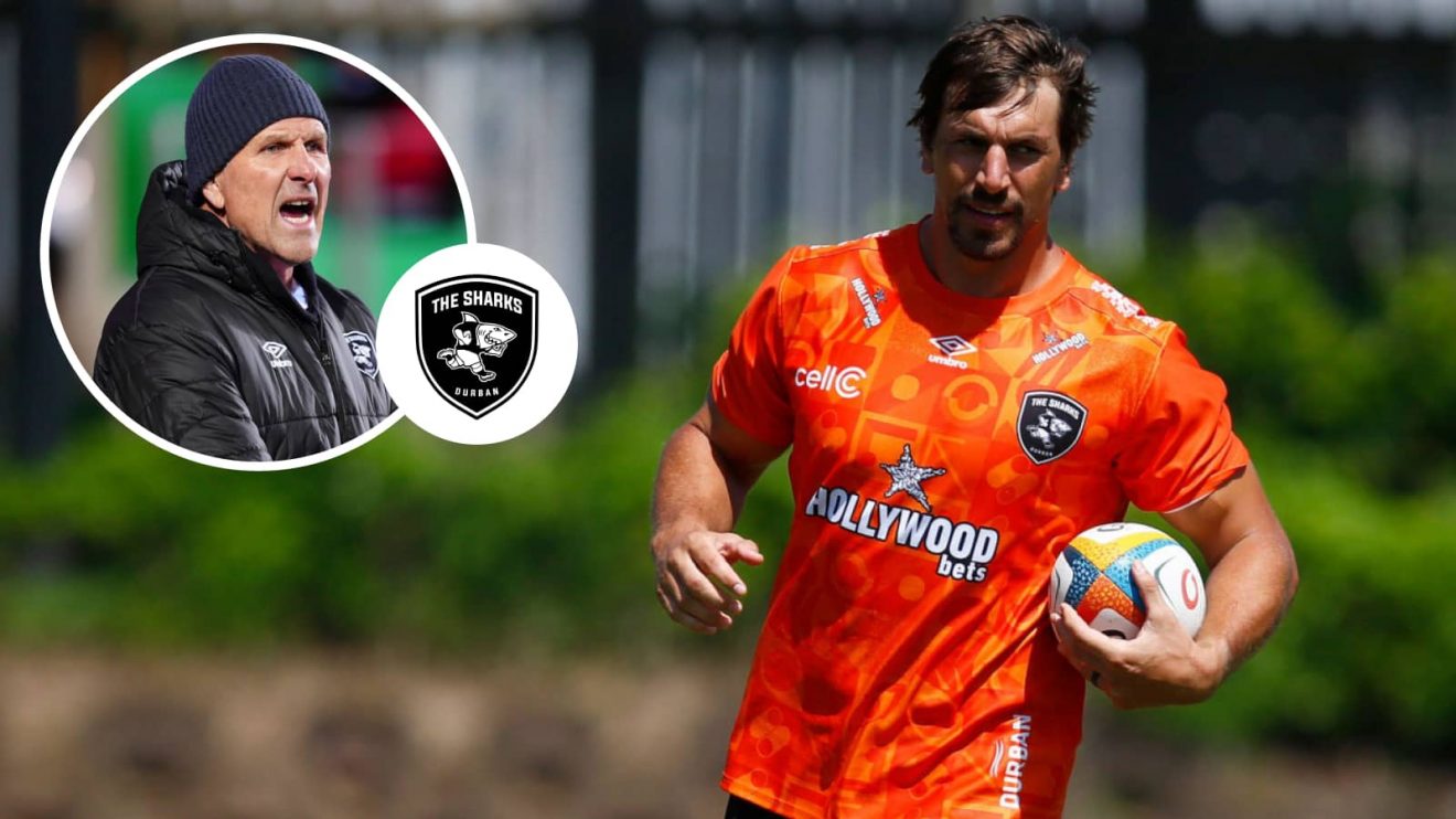 Springboks star Eben Etzebeth training recently and Sharks head coach John Plumtree (inset).