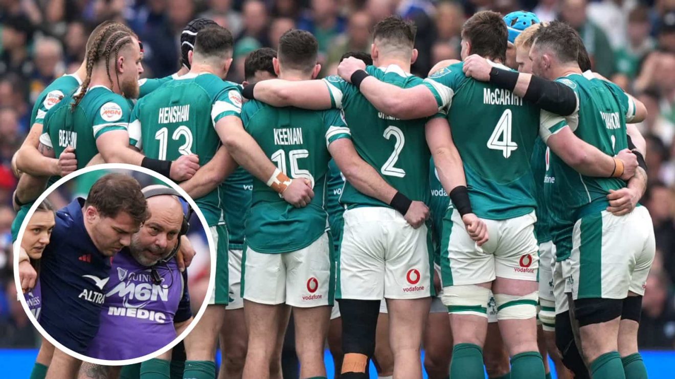 Ireland players in a huddle before France game and Antoine Dupont going off injured (inset).