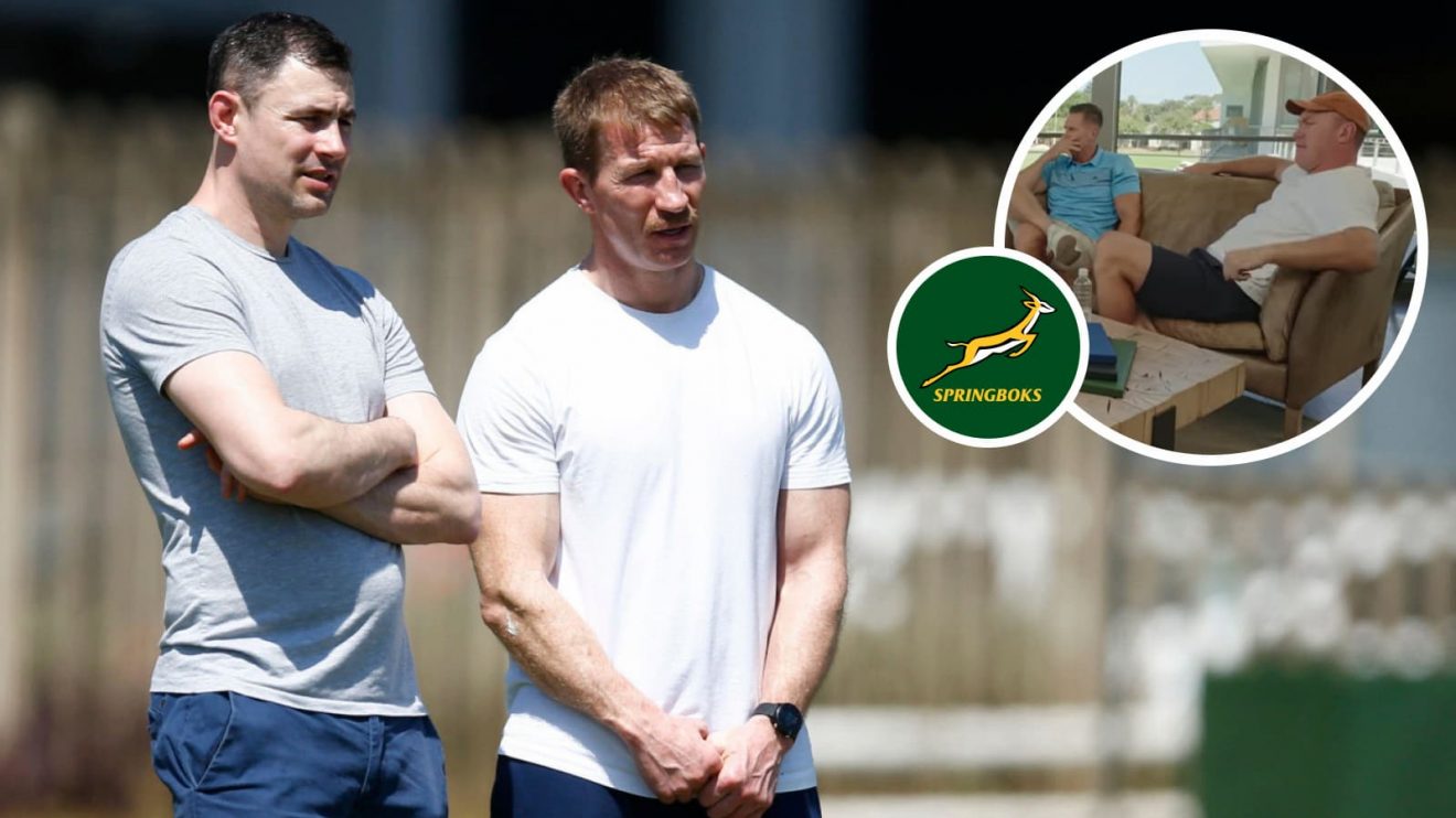 Felix Jones alongside fellow Springboks coach Jerry Flannery and South Africa legends Jean de Villiers and Schalk Burger (inset).
