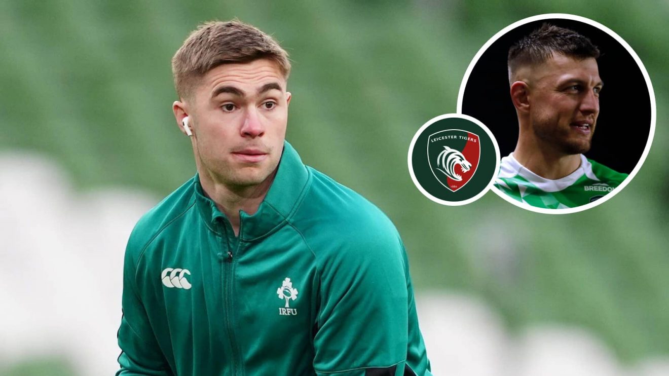 Ireland fly-half Jack Crowley and an insert of Handre Pollard.