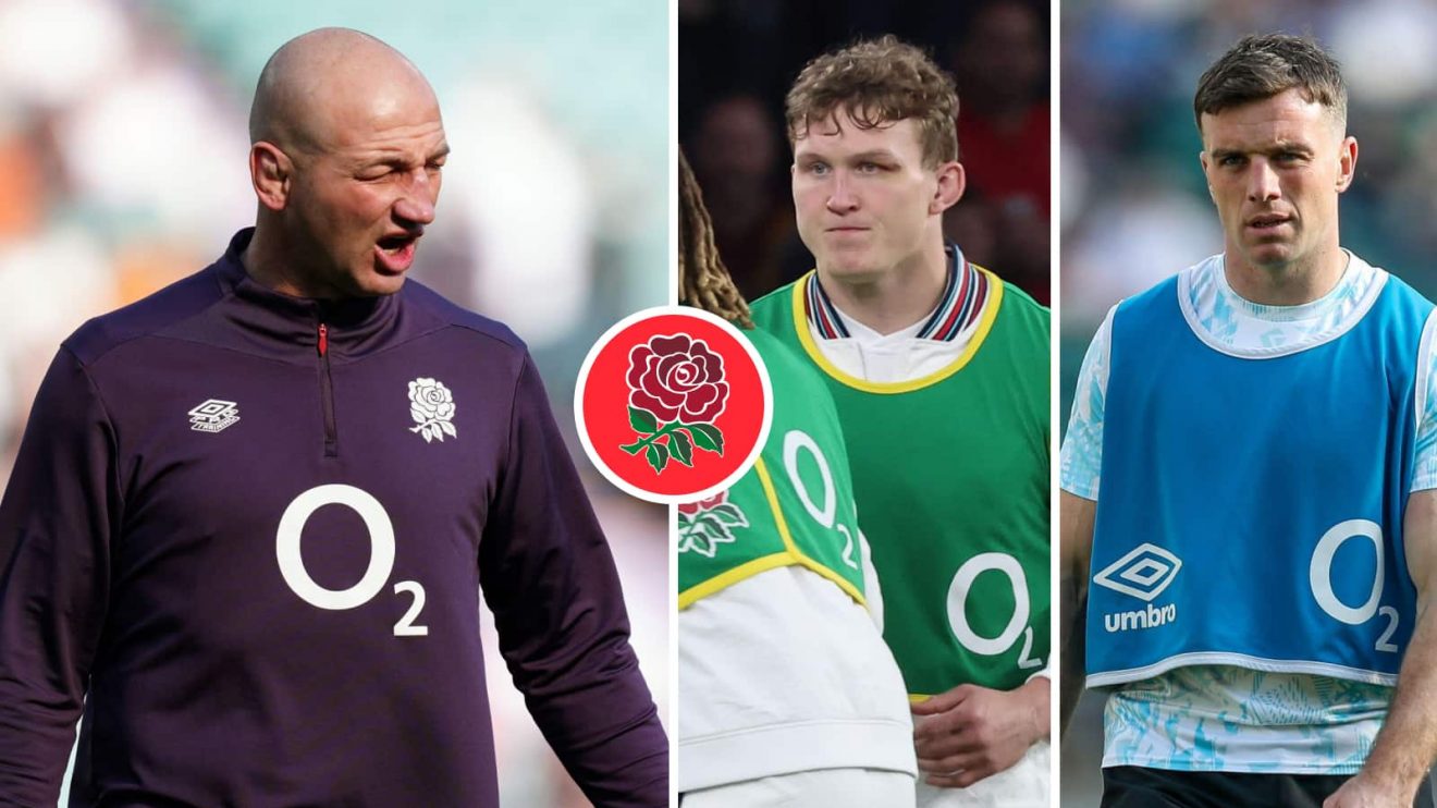 England head coach Steve Borthwick, flanker Ted Hill and fly-half George Ford
