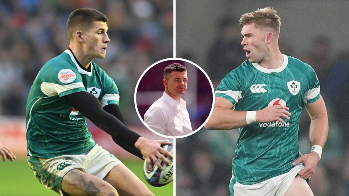 Ireland fly-half options Sam Prendergast (left) and Jack Crowley (right), and legendary player Brian O'Driscoll (inset, middle).