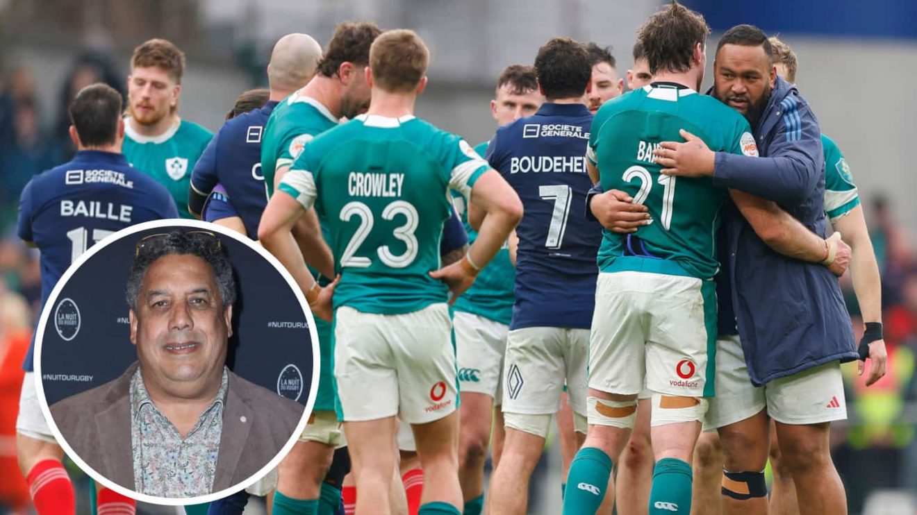 France and Ireland players following their 2025 Six Nations clash, and legendary back Serge Blanco (inset).
