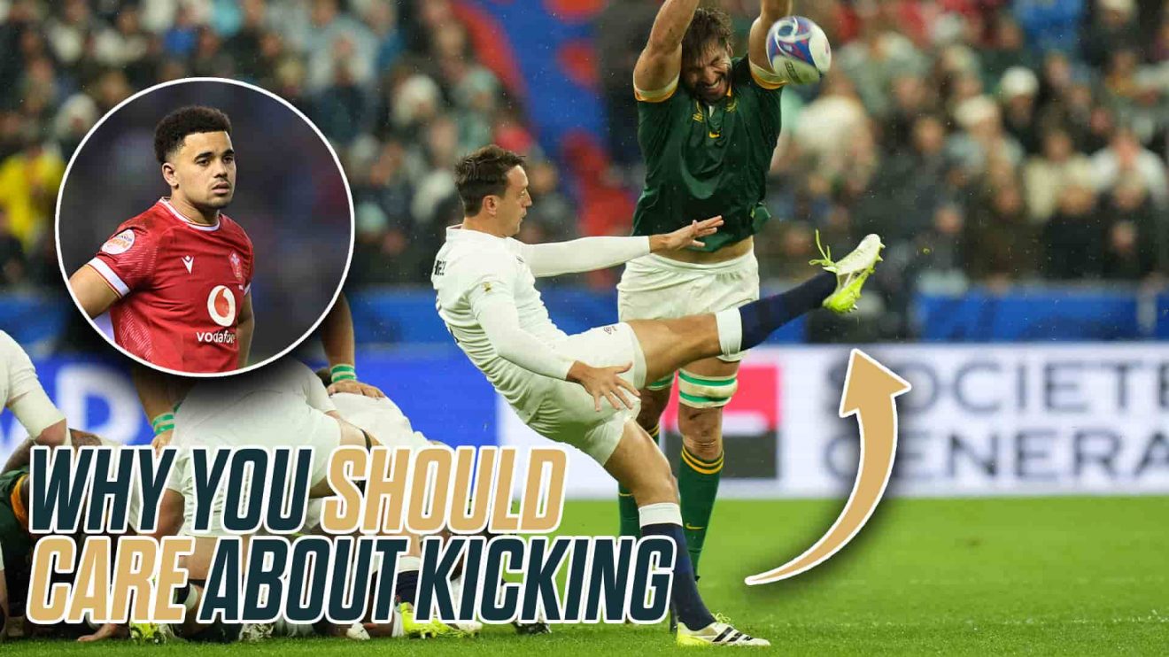 Alex Mitchell box kicks during the World Cup match against the Springboks with the caption: 'Why you should care about kicking'