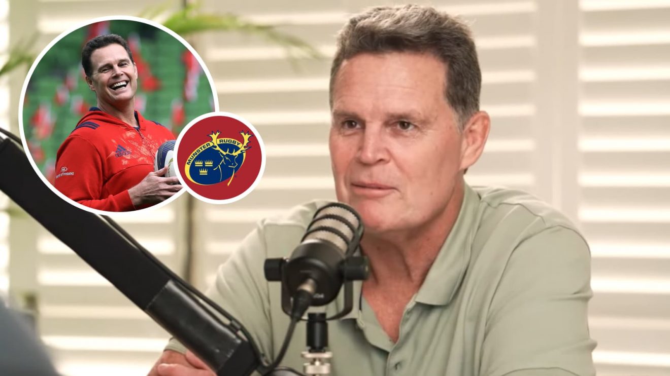 Rassie Erasmus and an insert of him with an insert of him during his time in Munster