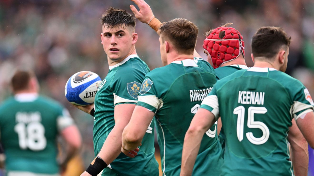 Ireland hooker Dan Sheehan congratulated by team-mates.