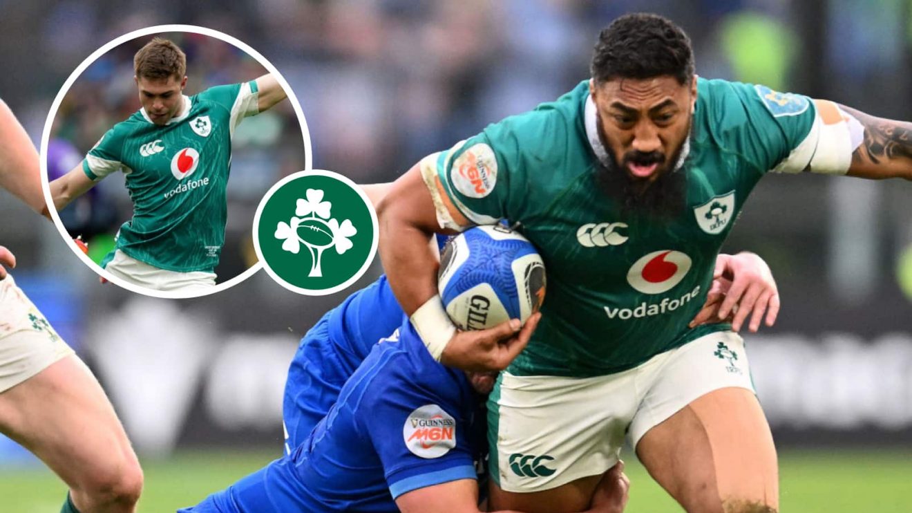 Ireland's Bundee Aki and Jack Crowley (inset) in action against Italy in the 2025 Six Nations