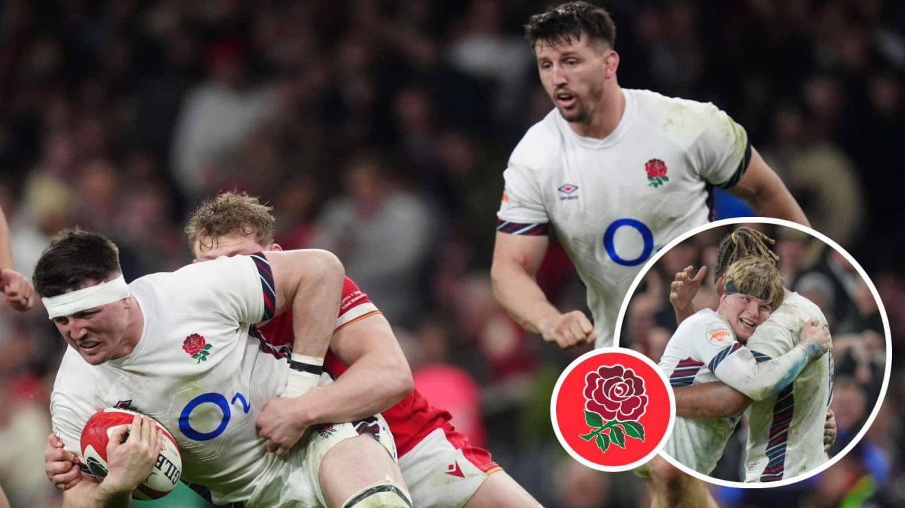 The Curry twins, Tom and Ben, in action for England against Wales, and Henry Pollock hugging Chandler Cunningham-South (inset).