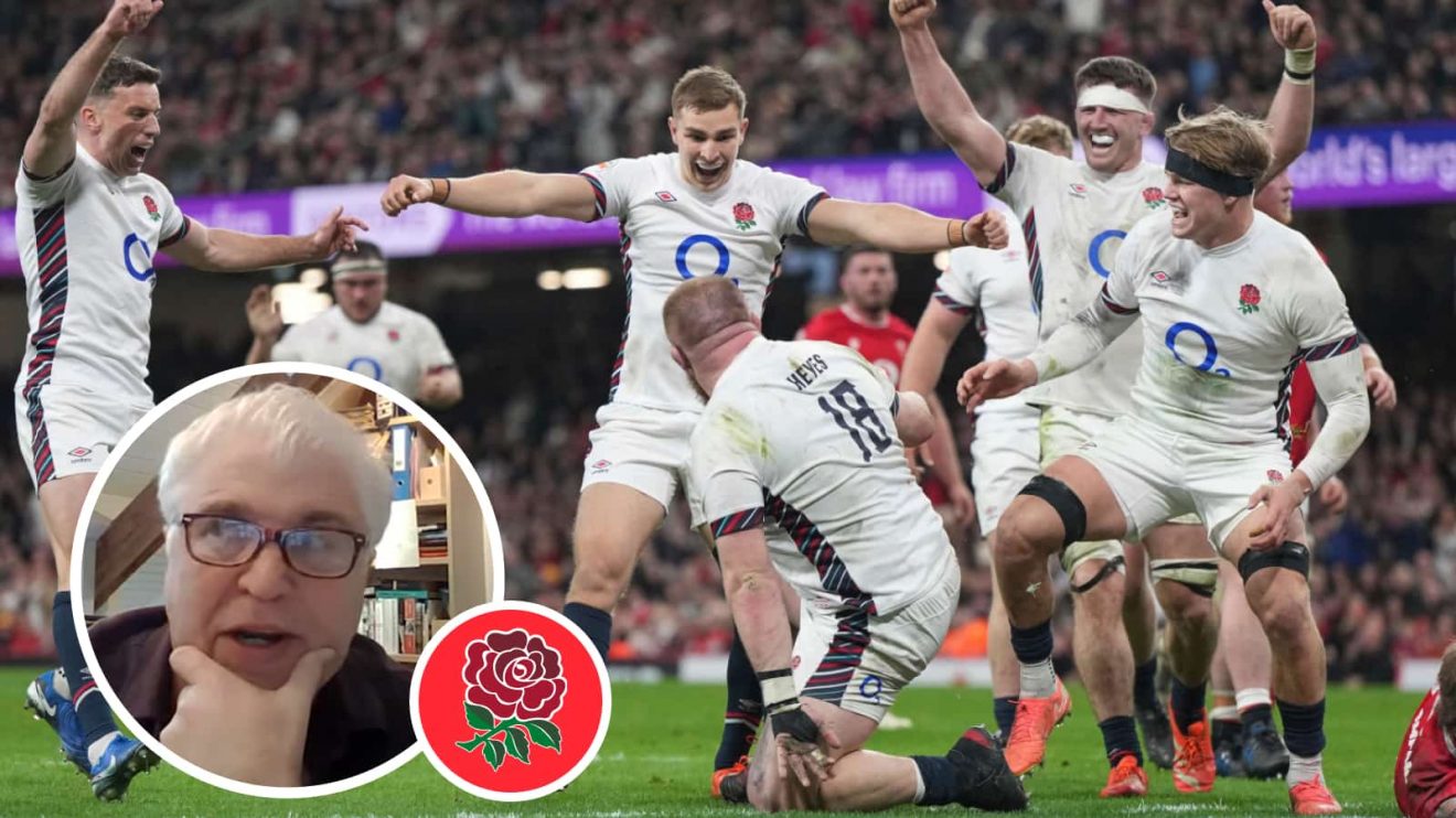 England celebrate one of their 10 tries against Wales and former Test fly-half Stuart Barnes (inset).