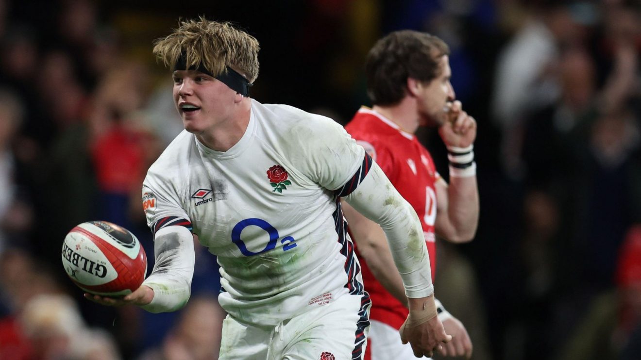 England flanker Henry Pollock celebrating his first try against Wales