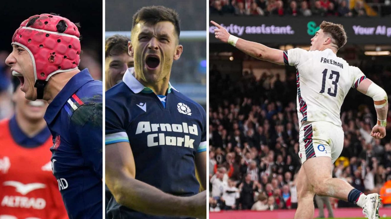 France's Louis Biellie Biarrey, Scotland's Blair Kinghorn and England's Tommy Freeman.