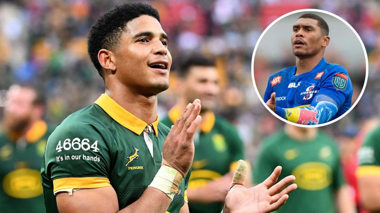 Sacha Feinberg-Mngomezulu in action for the Springboks and Damian Willemse (inset) playing for the Stormers.