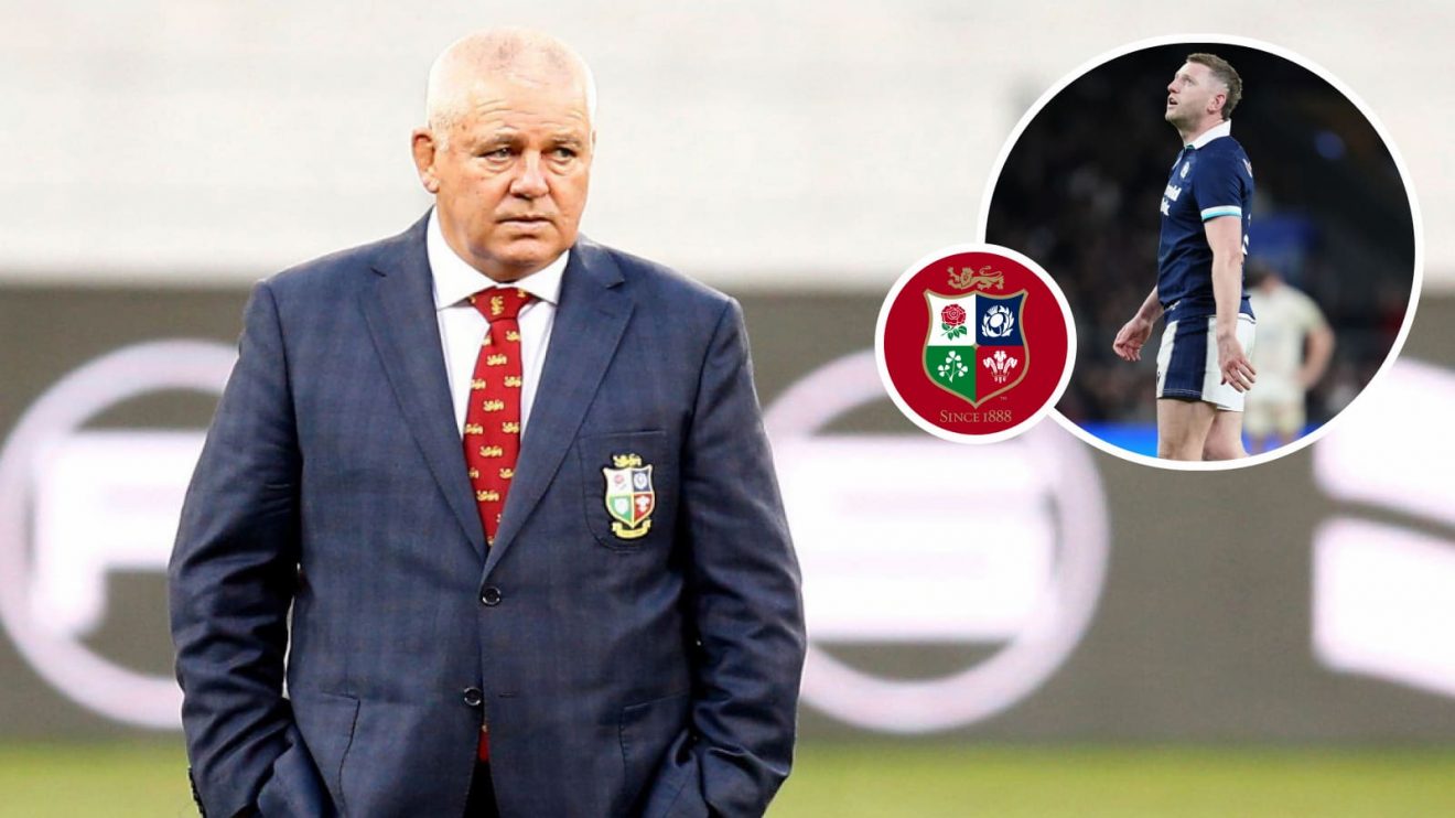 Warren Gatland while in charge of the British and Irish Lions in 2021, and Scotland fly-half Finn Russell (inset).