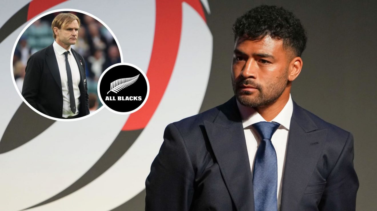 Fly-half Richie Mo'unga, who is currently playing in Japan, and All Blacks head coach Scott Robertson (inset).