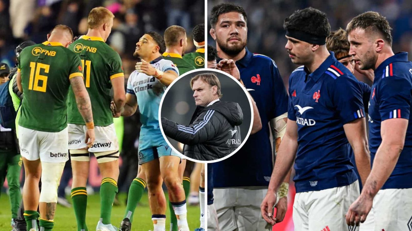 Members of the Springboks (left) and France (right) 'Bomb Squads', and All Blacks head coach Scott Robertson (inset, middle).