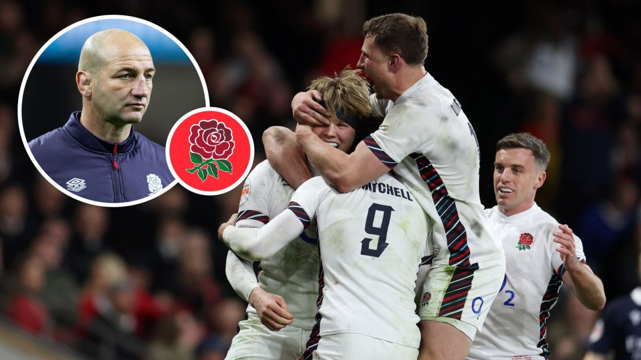 A two layered image of England players celebrating and an inset of Steve Borthwick
