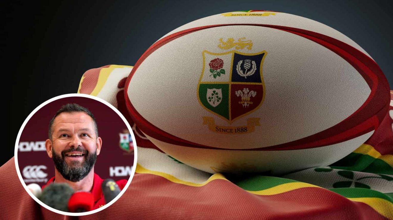 A Rugby ball with a British and Irish Lions logo and an insert of head coach Andy Farrell.