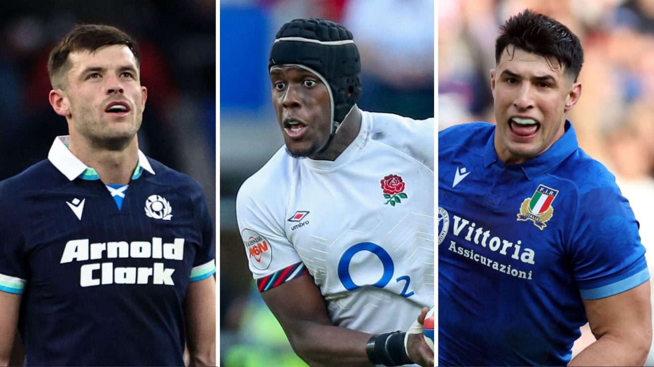 A three pannell image of Blair Kinghorn, Maro Itoje and Tommaso Menoncello