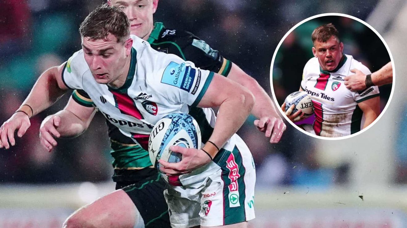 Jack van Poortvliet in action for Leicester Tigers against Northampton Saints and Charlie Clare scoring the bonus-point try (inset).