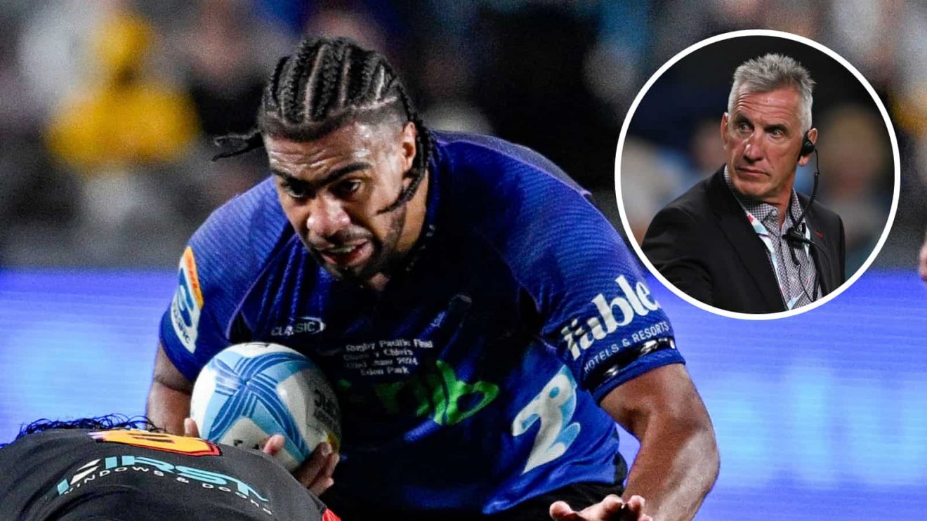 Blues forward Hoskins Sotutu and an insert of Crusaders head coach Rob Penney.