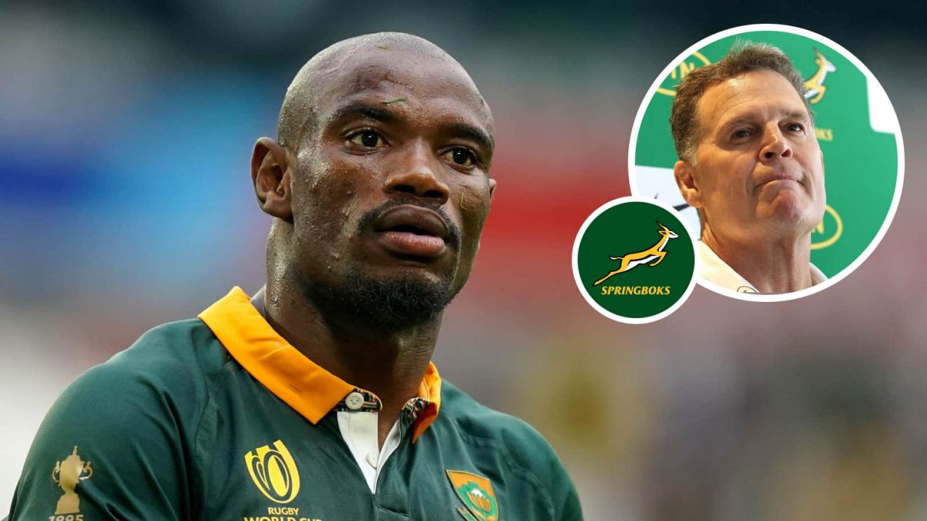 Springboks winger Makazole Mapimpi and an insert of Rassie Erasmus.