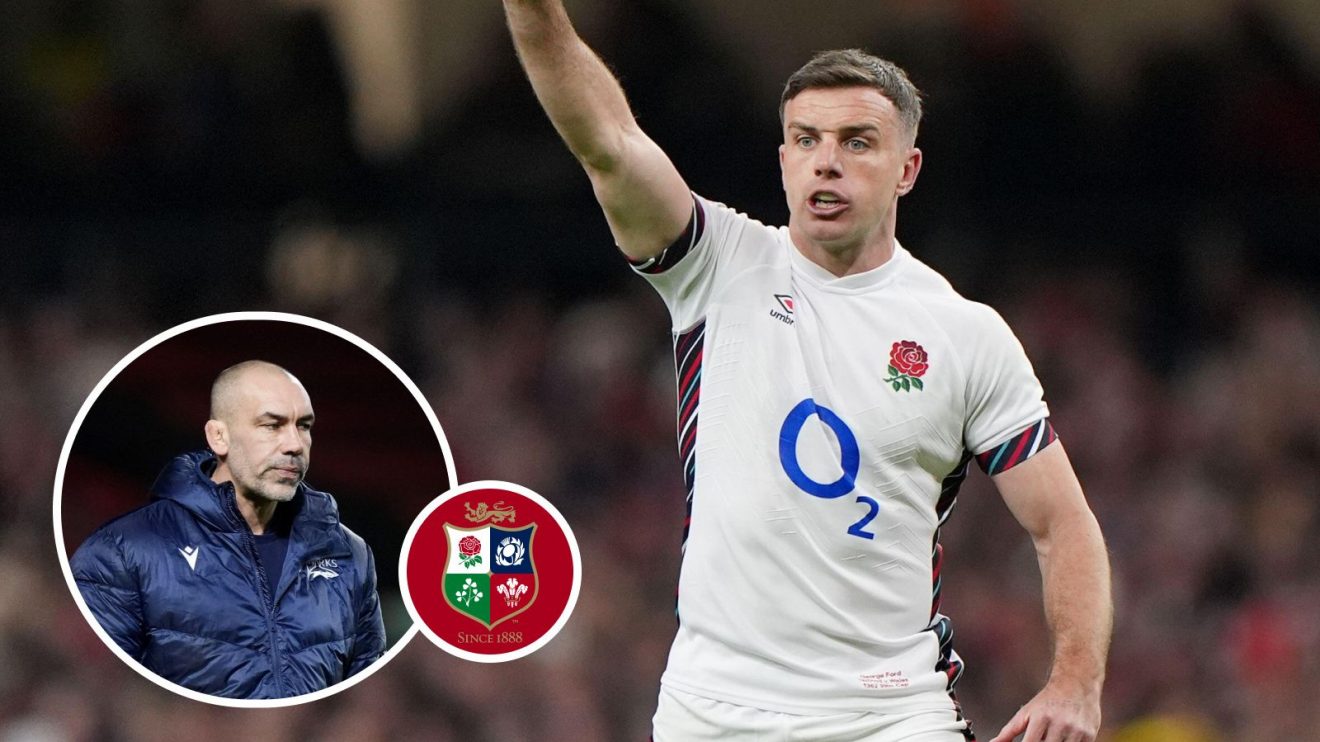 George Ford in action for England with an inset of Alex Sanderson