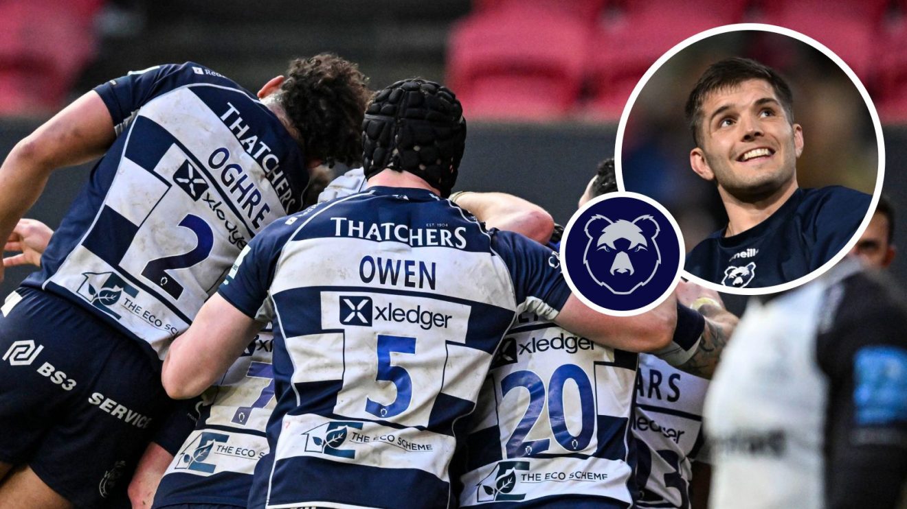 Bristol Bears players celebrating with an inset of Harry Randall